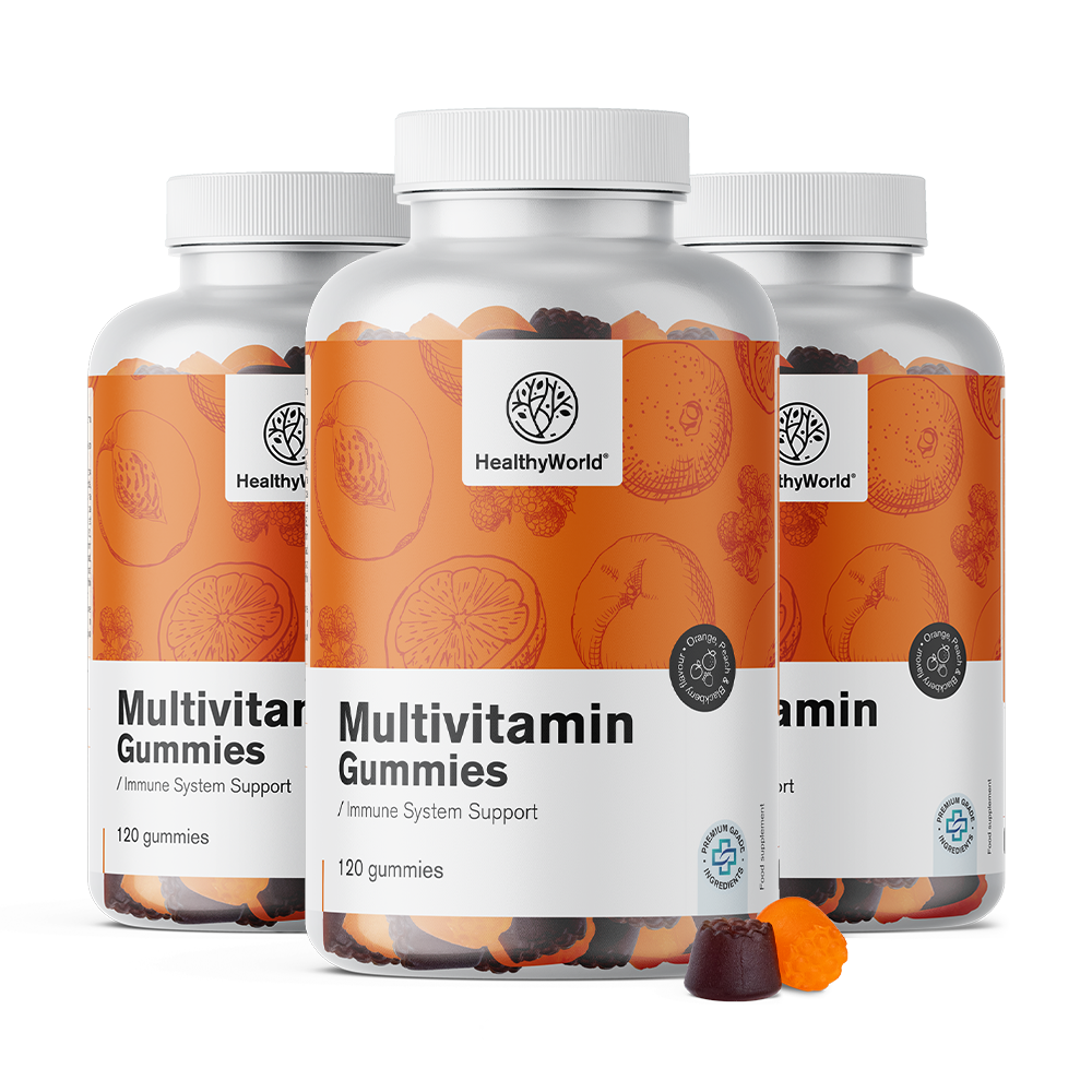 Multivitaminas em forma de gomas de mascar com 3 sabores
