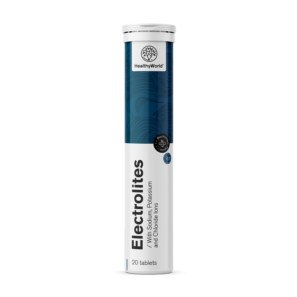 Eletrólitos – comprimidos efervescentes com sabor de groselha preta