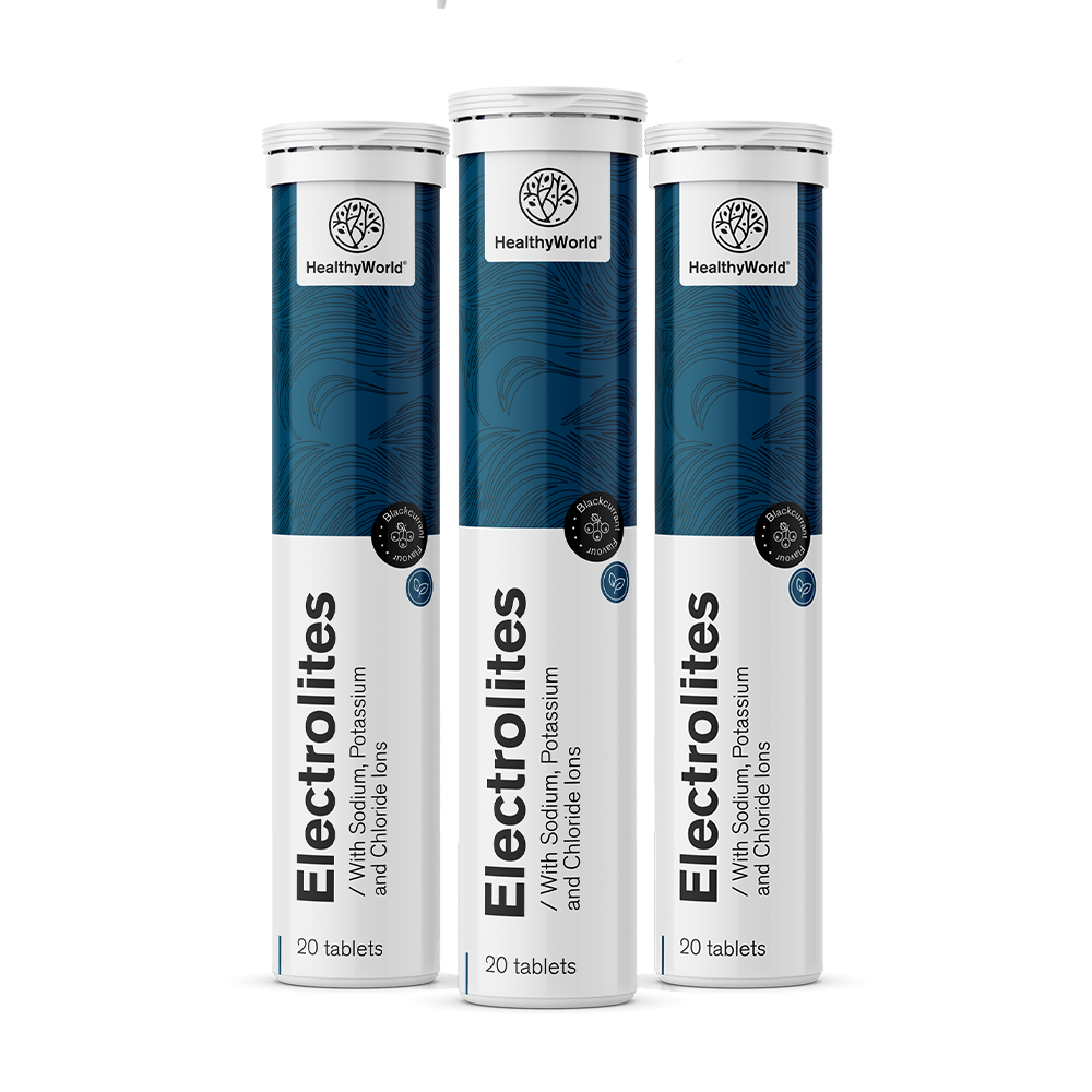 Eletrólitos – comprimidos efervescentes com sabor de groselha preta