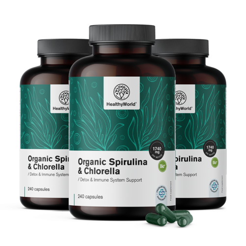 3x Espirulina e chlorella 1740 mg, total de 720 cápsulas