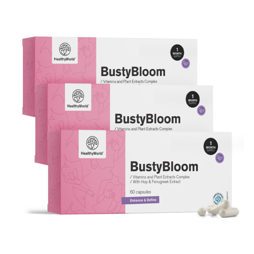 3x BustyBloom – complexo de vitaminas e extratos vegetais, total de 180 cápsulas